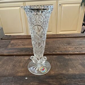 Vintage Hofbaur Byrdes German Etched Lead Crystal Flower Vase 11” Birds Mcm